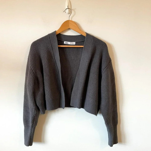 Zara Purl Knit  Open Front Ribbed Knit Cardigan Sweater Grey Size Medium - Picture 5 of 9